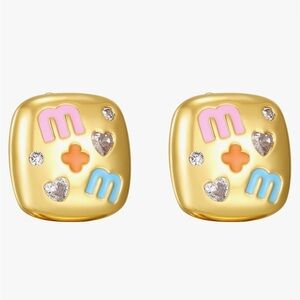 Gold Stud Earrings with M Accents and rhinestone hearts luxury designer …